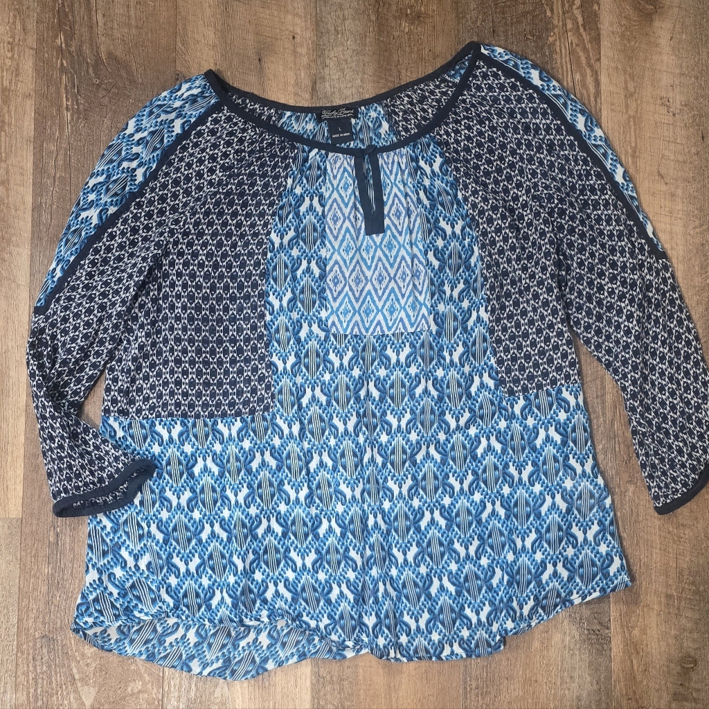589 Lucky Brand Top Womens Geometric Print In Blues 34 Sleeve Blouse Boho Euc